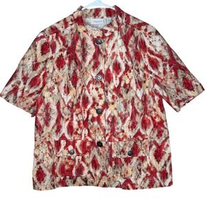 Chicos Size 2 Linen Blend Short Sleeve Blazer Jacket Abstract Print‎ Red Beige
